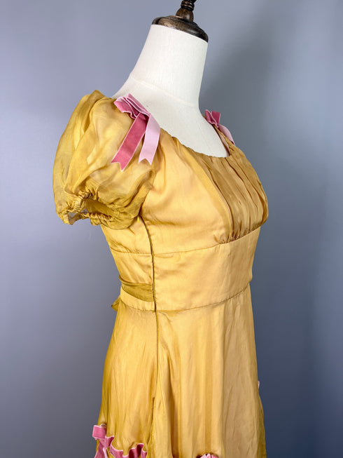 Vintage Yellow Regency Era Dress with Puff Sleeves and Pink Bows - Yellow Regency Era Dress Plus Size